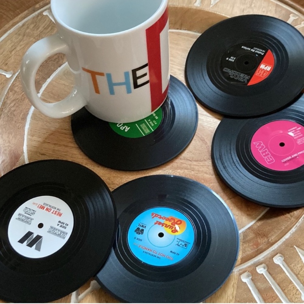 Vinyl record drink coasters NEW mini size set of 6 funny album titles with box